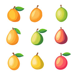 A Simple flat 2D icon vector mango set collection isolated on a transparent background, vector, flat design, animation design, simple flat 2D icon, minimalist design, clipart
