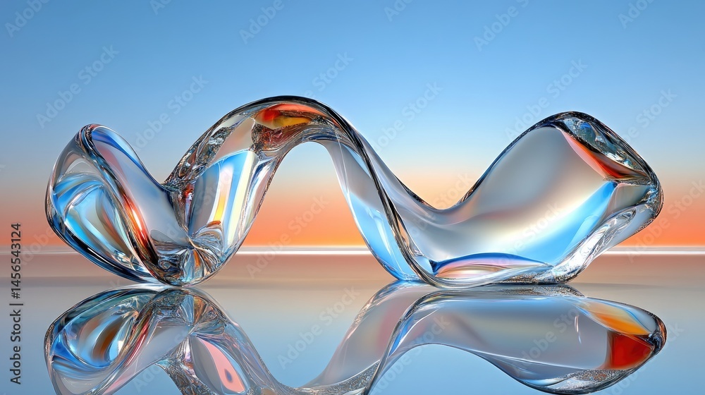 Poster Smooth abstract ribbon in translucent glass with reflective surface below