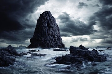 Obraz premium Along the shores of Iceland stands an enormous black monolith, reaching for the sky amidst a gloomy and gray environment