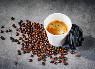 Coffee espresso wite smoke in paper Coffee cup and bean , Fragrant Espresso in  Takeaway paper coffee cup