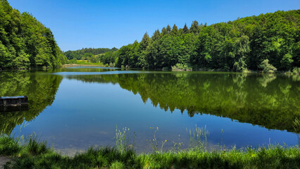 View of the idyllic calm lake in the middle of the forest with a mirror surface on a sunny day.