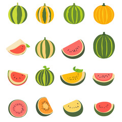 My Simple flat 2D illustration melon SET isolated on a transparent background, vector, flat design, animation design, simple flat 2D icon, clipart