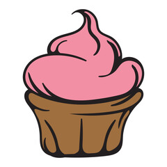 Cake with pink cream. Muffin. Simple vector illustration for sticker, icon, print. Design element isolated on white background