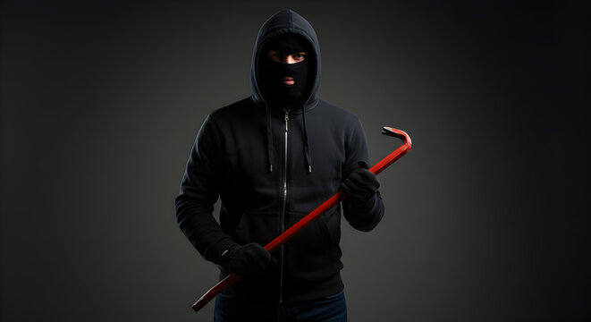 Hooded Burglar Holding Crowbar in Studio Lit Dark Gray Background Security Threat