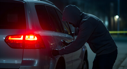 Hooded Figure Attempting to Break Into a Silver Car at Night Under Streetlights With Red Taillight On