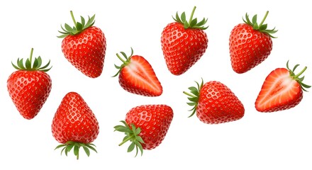 floating strawberries with green leaves, showing fresh texture and seeds, isolated on bright white background
