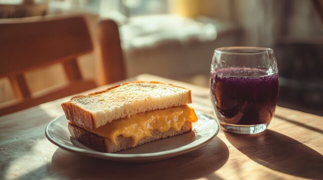 Cozy Breakfast With a Cheese Sandwich and Grape Juice