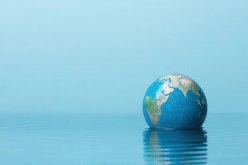 Globe Representation Floating on Calm Water Surface in Soft Blue Hue