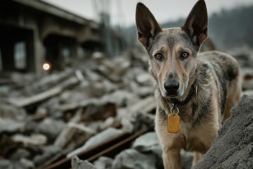 Close-up of a trained rescue dog standing guard among broken concrete and debris after a natural disaster. Natural disaster, destruction, rescue assistance.