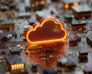 Advanced technology and cloud computing concepts are symbolized by a vibrant glowing digital cloud symbol that is situated on a circuit board