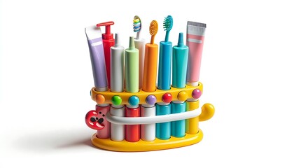 Obraz premium Colorful Bathroom Organizer with Toothbrushes Toothpaste and More