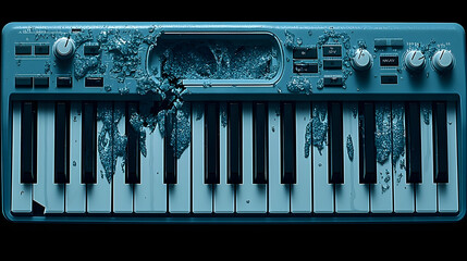 Damaged teal synthesizer, keys covered in viscous substance, black background, concept art for music industry