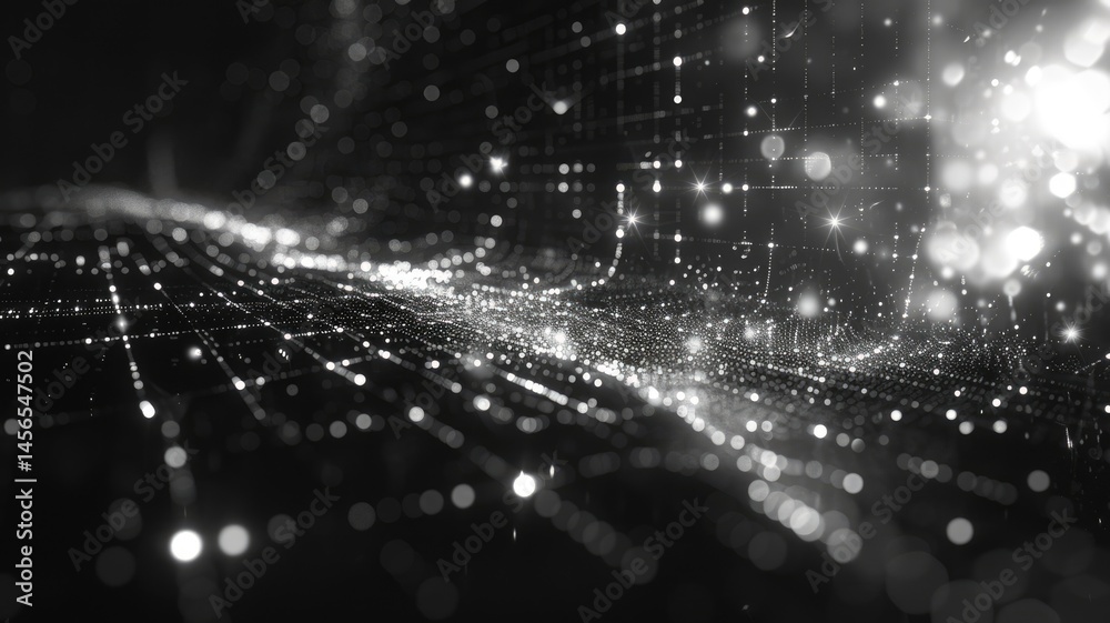 Poster futuristic digital network visualization with glowing nodes and lines on a dark background. abstract