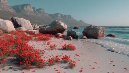Rocks that are ovoid in shape and covered with vibrant moss thrive in the sand, foliage, and surreal surroundings