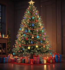 Ornate Christmas tree, vibrant lights, colorful gifts ,  ornament,  season,  merry