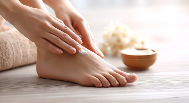A woman is shown applying lotion to her feet as part of a skincare and self-care regimen