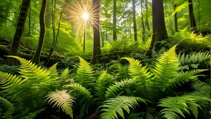 Obraz premium Lush Green Forest with Sunlight Filtering Through Fern Leaves