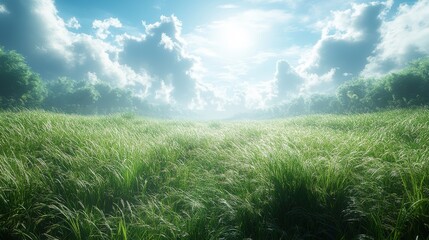 Naklejka premium Sunny green field with tall grass and trees under a cloudy blue sky