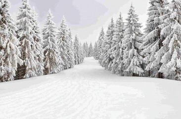 Snowy Winter Landscape with Tall Pine Trees and Pathway View