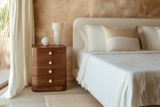 Modern bedroom interior with wooden nightstand and textured wall in neutral tones, close-up shot of contemporary design - Powered by Adobe