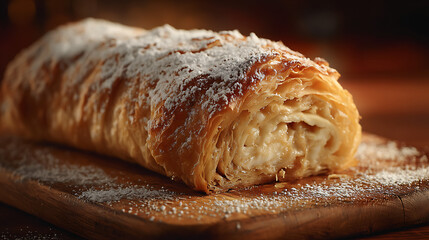 Apple Strudel Delight: Indulge in the delightful layers of a freshly baked apple strudel, a golden pastry filled with sweet apple slices and dusted with powdered sugar.