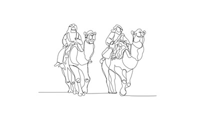Obraz premium Set of Arab man riding a camel, Bedouin wearing a keffiyeh one line art. Continuous line drawing of online Muslims, Islam, traditions, clothing, folk, oriental.