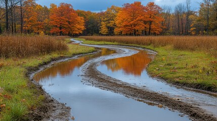 Autumn Road Reflection with Fall Colors.