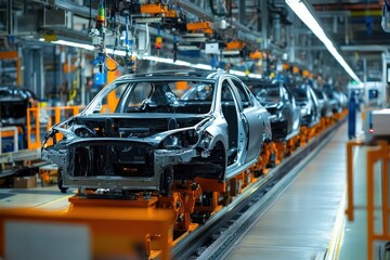 Car moves on robotic assembly line in automotive factory