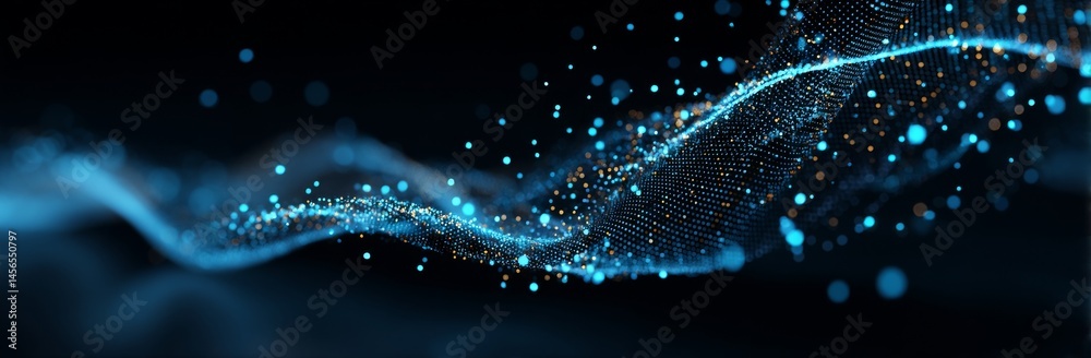 Poster background of abstract technology stream, featuring a digital dynamic wave composed of dots, represe