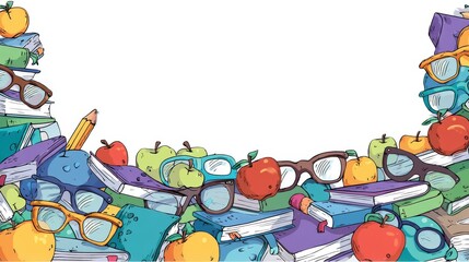 Obraz premium The design features a seamless border of cartoon school supplies and stationery, symbolizing a back to school theme, isolated on a white background, created with generative AI