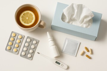 This minimalistic flat lay captures a warm lemon tea surrounded by flu recovery essentials: pill blister packs, a nasal spray, a digital thermometer, loose capsules, a tissue box, a single-dose packet