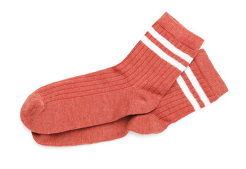 Pair of red socks isolated on white, top view