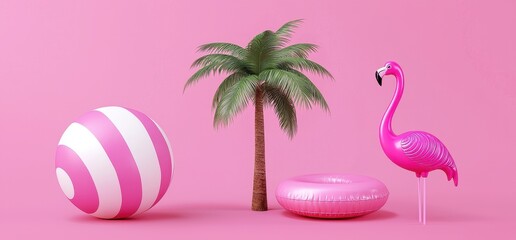 Naklejka premium Fun Summer Pool Party Elements with Palm Tree and Flamingo Decor