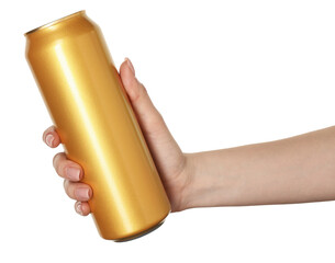 Woman with tin can on white background, closeup