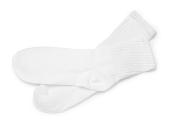 Pair of socks isolated on white, top view