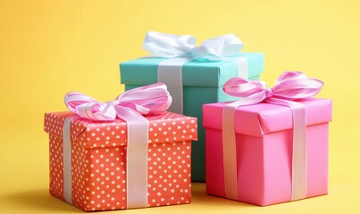 Obraz premium Colorful Gift Boxes with Ribbons on Bright Yellow Background