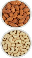 Almonds and Cashews in Bowls Overhead Shot Healthy Snack Choice Vegan Diet Protein Source Superfood Nuts