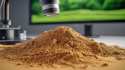 Close up View of Brown Granular Powder Pile Under Microscope in a Lab Setting