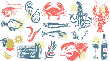 Seafood Creatures Isolated Design Set
