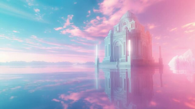 This modern church with intricate architecture glows by tranquil water and pastel skies.