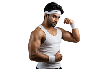 Fitness Motivation Muscular Man Flexing Biceps, Achieving Strength Goals