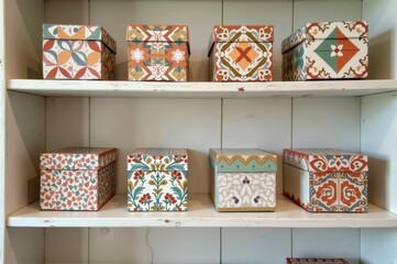 Fototapeta premium Colorful patterned boxes on white wooden shelves in a rustic setting
