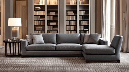Modern Living Room with Stylish Sofa, Lamp, and Bookshelf Setup