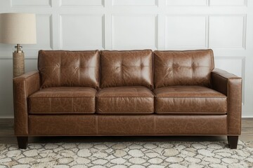 Modern Brown Leather Sofa in Cozy Living Room Setting