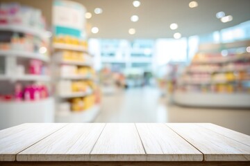 Empty White Wooden Table Top In A Blurred Store Interior