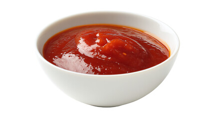 a bowl of ketchup on a white surface
