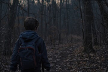 Lost boy with backpack wandering alone in dark forest