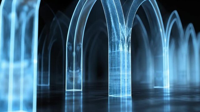 This glowing wireframe with transparent arches evokes a modern vibe in a sacred space.