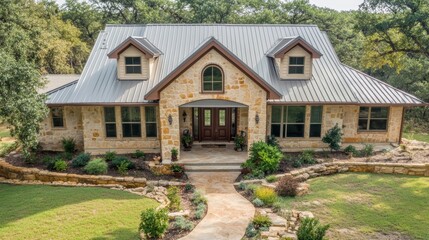 Obraz premium Exterior of a stone house with metal roof and landscaped yard, eye level view, Texas Hill Country style architecture