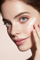 Fototapeta premium The concept of beauty and skin care is exemplified by a woman with flawless skin utilizing a facial scrub to alleviate redness and acne, while also cleansing her face after makeup with an aloe vera